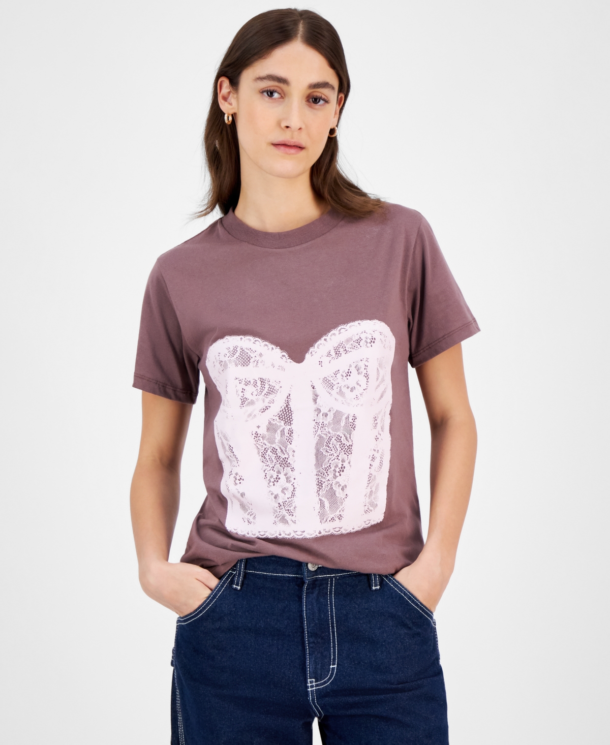 Juniors' Lace Corset Graphic T-Shirt - Mocha Plum