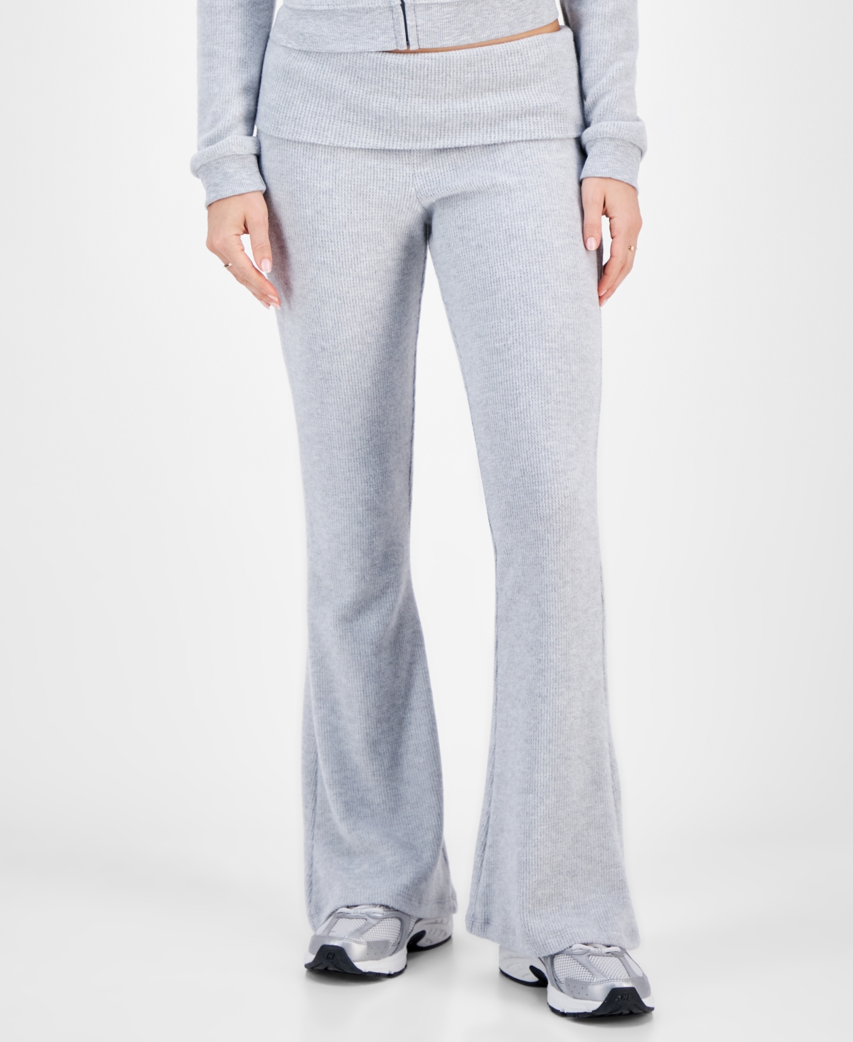 Juniors' Cozy Waffle Knit Foldover Waist Pants - Lt Heather Grey