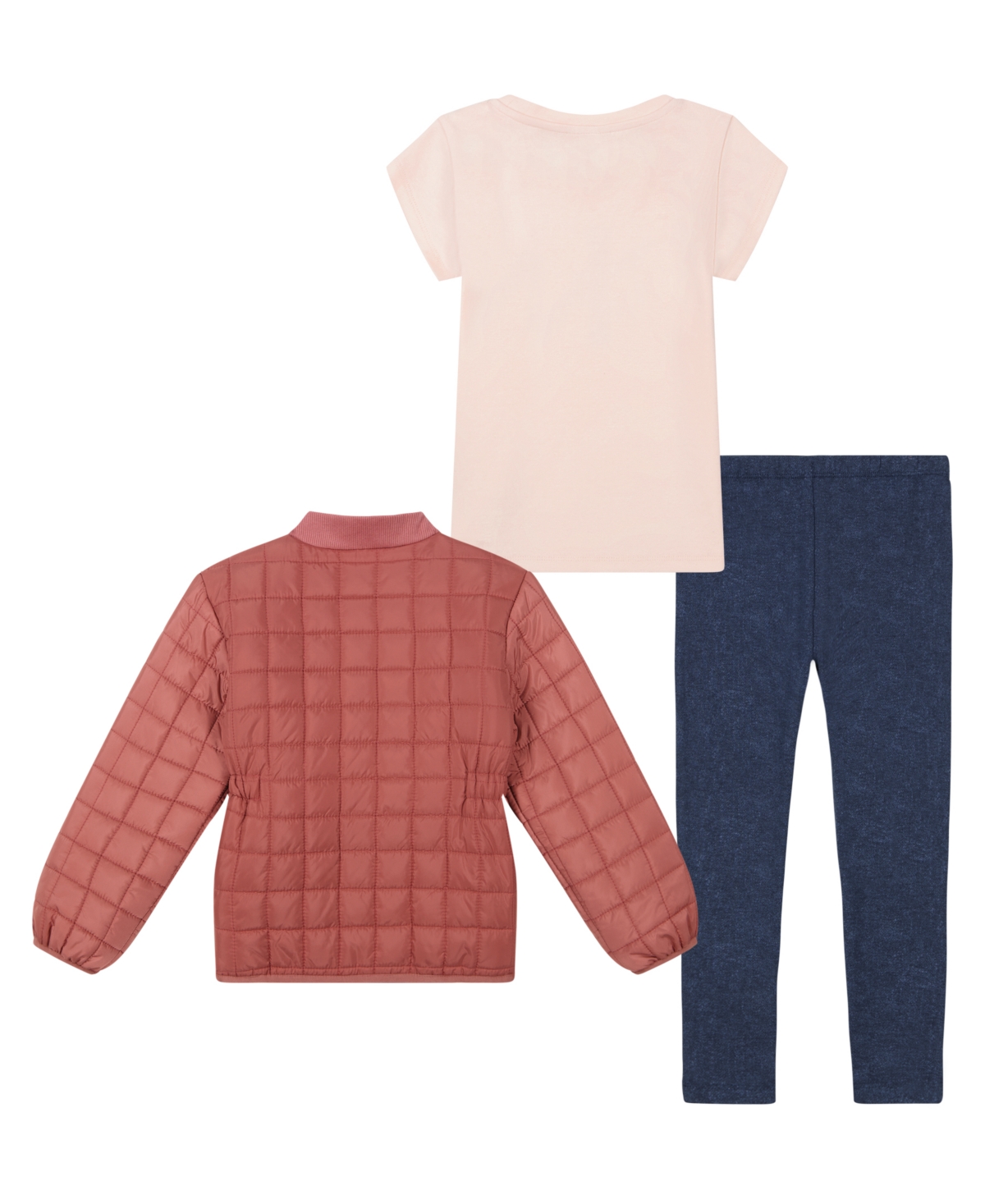 Calvin Klein Toddler and Little Girls Woven Puffy Barn Jacket, Short Sleeve Ribbed Tee Jeggings, 3-Piece Set