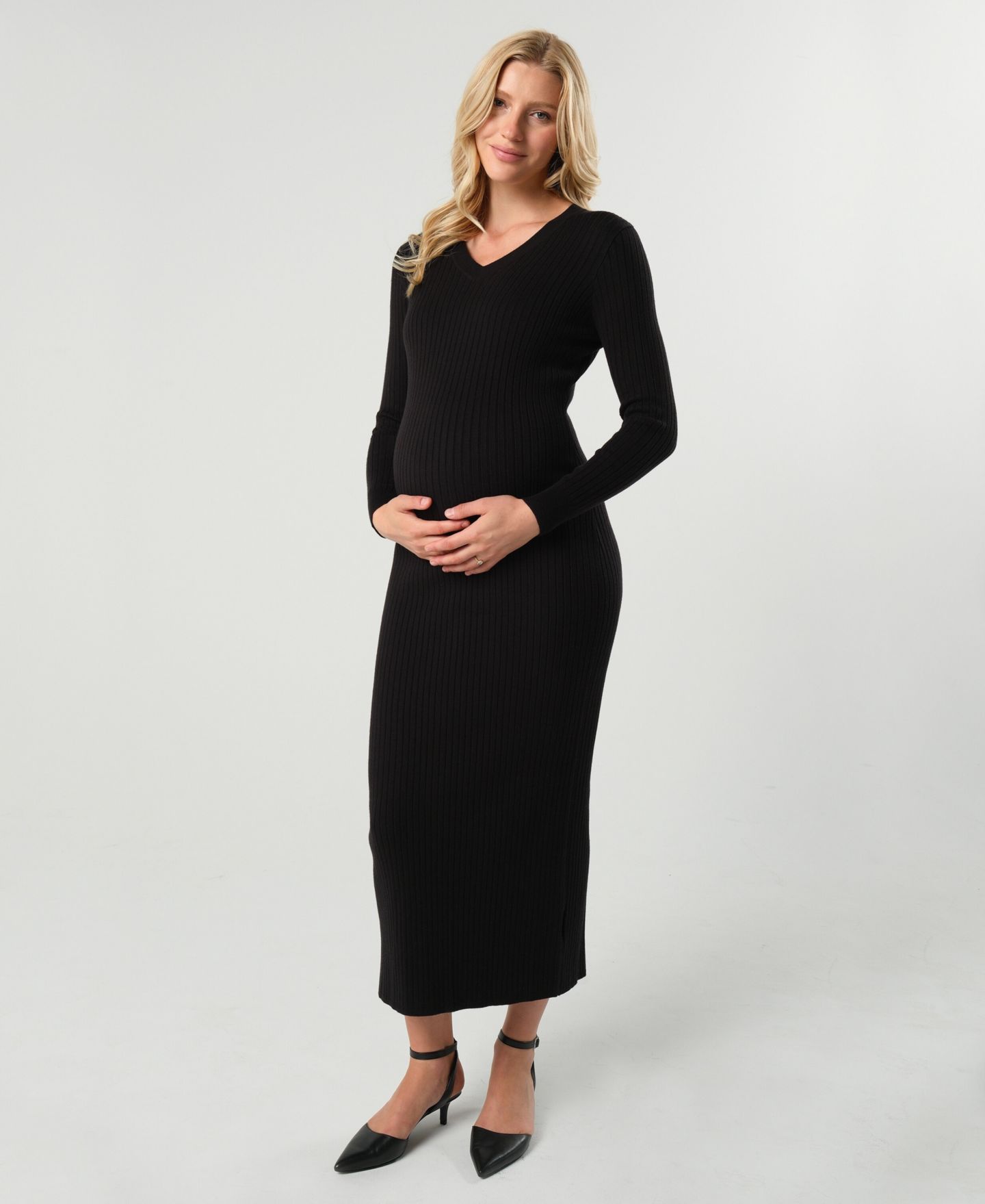 Женское платье MARION Maternity Maxi Nursing V-Neck Sweater Dress in Cotton Knit, цвет: Чёрный — фото 1