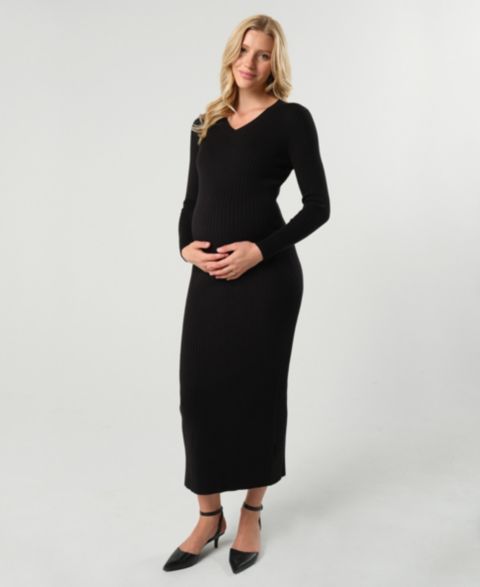 Женское платье MARION Maternity Maxi Nursing V-Neck Sweater Dress in Cotton Knit, цвет: Чёрный