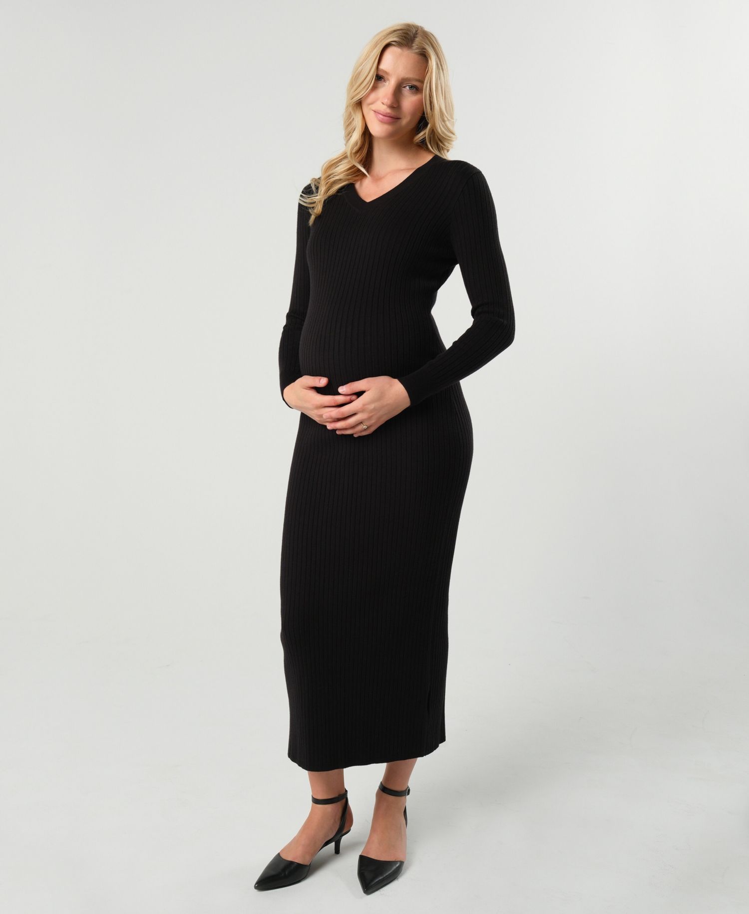 Maternity Maxi Nursing V-Neck Sweater Dress in Cotton Knit