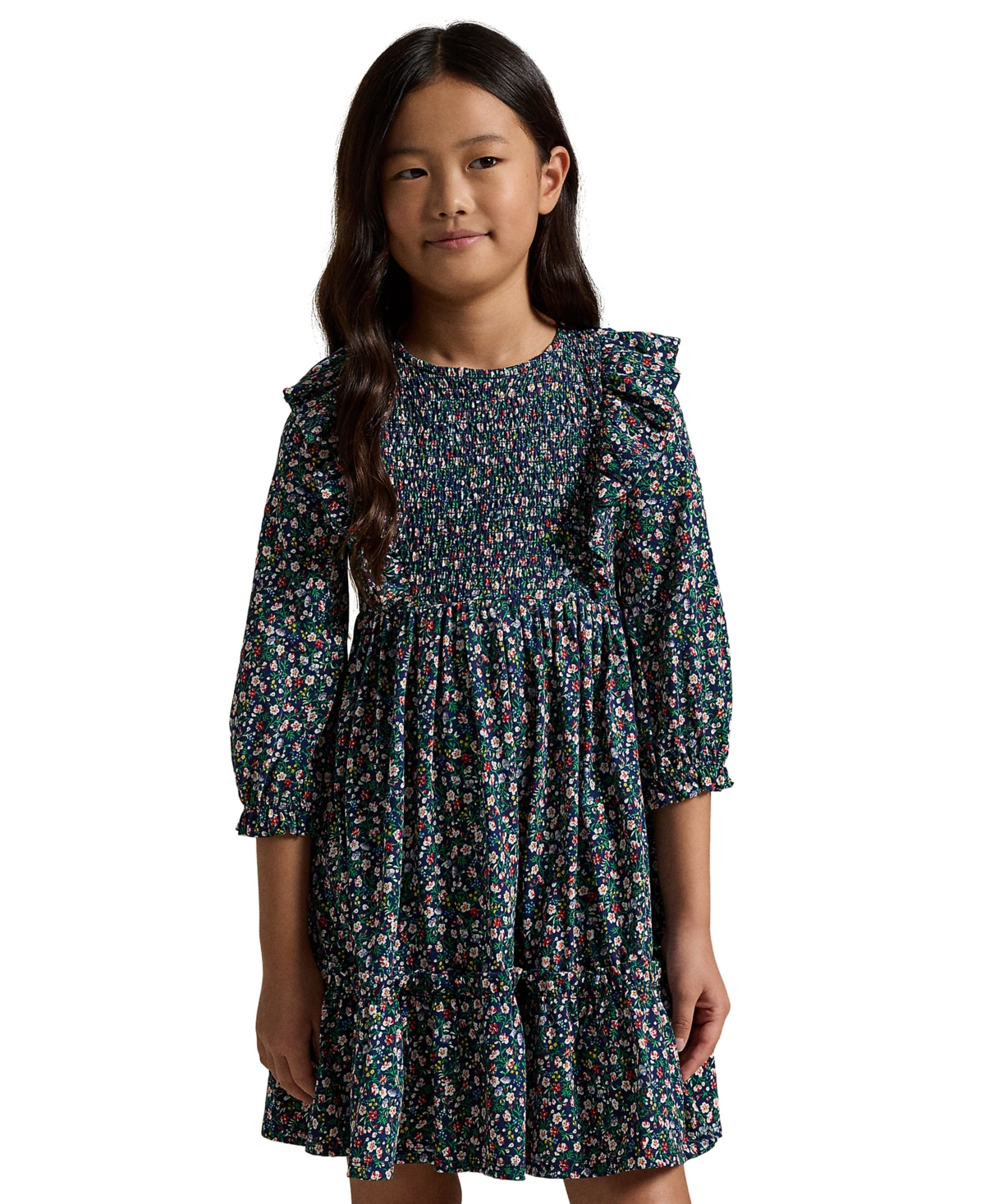Polo Ralph Lauren Big Girls Floral Smocked Cotton Jersey Dress - NAVY PP C7998