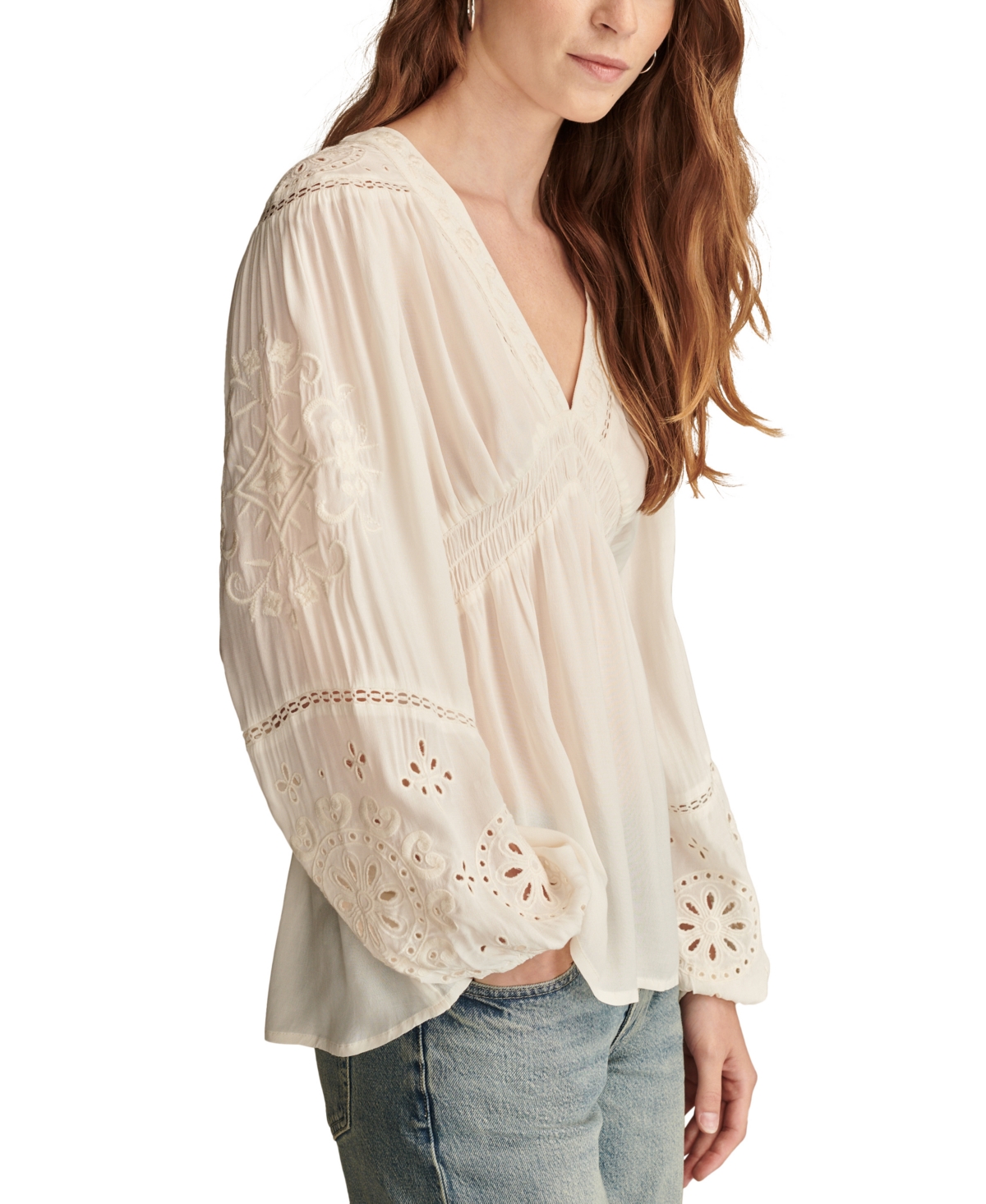 Lucky Brand Women's Cotton Smocked Embroidered Top
