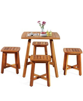 5 Pieces Wood Patio Dining Set with Square Table and 4 Stools