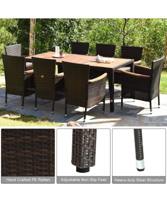 9 Pieces Rattan Dining Set with Acacia Wood Table and Stackable Cushioned Chairs