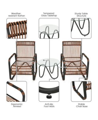 3 Pieces Patio Rattan Furniture Set with 2 Single Wicker Chairs and Glass Side Table