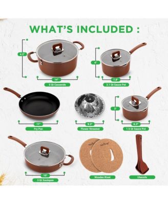 Nonstick  Space Saver 17-Piece Cookware Set - Brown Pots and Pans