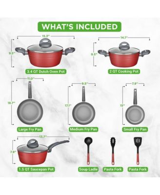 Kitchenware Pots & Pans Set - Stylish Kitchen Cookware, Non-Stick Coating Inside & Outside + Heat resistant Lacquer Outside, Dark Gray Inside and Red Outside (12-Piece Set)
