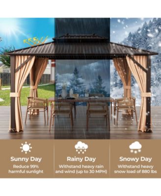 10x13ft Double-Roof Patio Hardtop Gazebo with Galvanized Steel Roof Netting and Curtains-Coffee