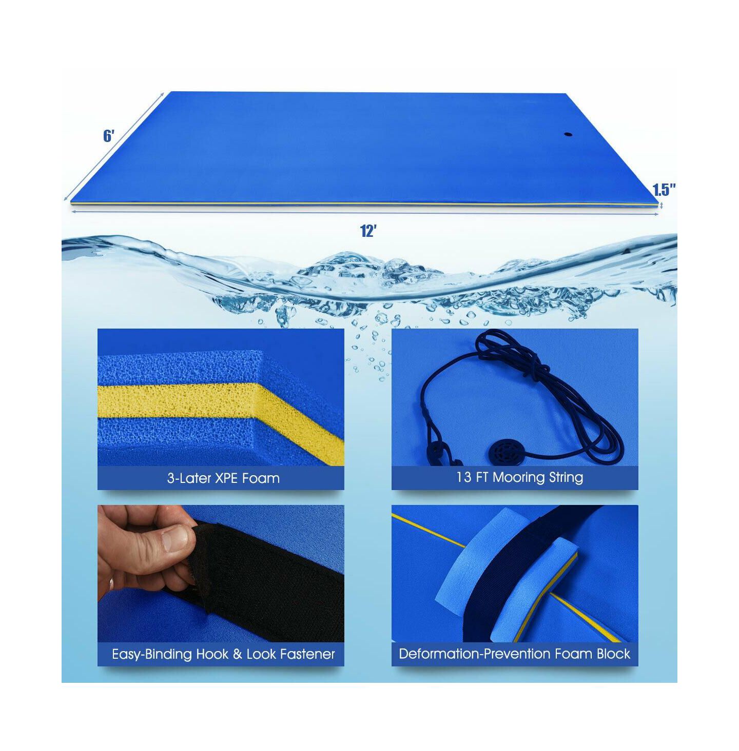 Детская игрушка VEBREDA 12 x 6 Feet 3-Layer Foam Floating Water Pad with Stable Standing, цвет: Синий — фото 10