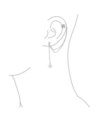 USA Patriotic Star Double Chain Ear Lobe Cartilage Clip On Ear Cuff Wrap Stud Earring Set Gold Plated Sterling Silver