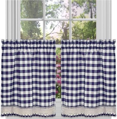 2 Piece Country Farmhouse Buffalo Plaid Rod Pocket Cafe Tier Curtain Panels With Macrame Border