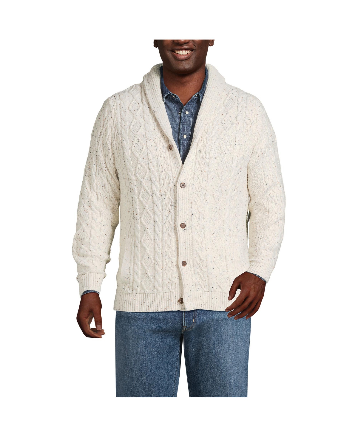 Big & Tall Cotton Blend Cable Shawl Cardigan Sweater - Antique alabaster donegal