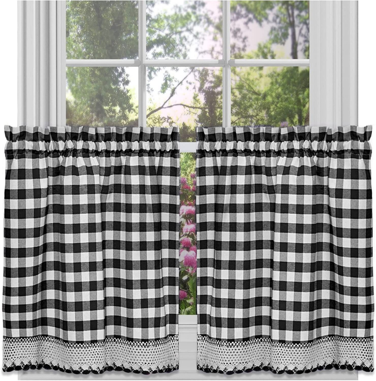 Kate Aurora 2 Piece Country Farmhouse Buffalo Plaid Rod Pocket Cafe Tier Curtain Panels With Macrame Border - in. Long - Sage Green