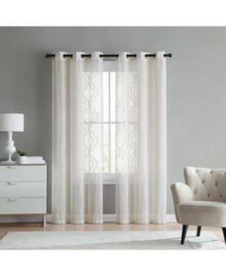 2 Piece Charlotte Clover Trellis Grommet Top Sheer Voile Window Curtain Panels - 38 in. W x 96 in. L, Blue