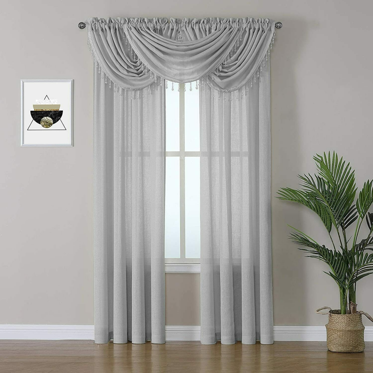 Living 5 Piece Rod Pocket Sheer Window Curtains & Valances Set - 52 in. W x 84 in. L, Gold - Gray