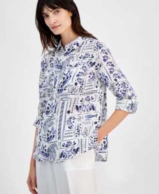 Charter Club - Petite Linen 3/4-Sleeve Roll-Tab Button-Front Shirt