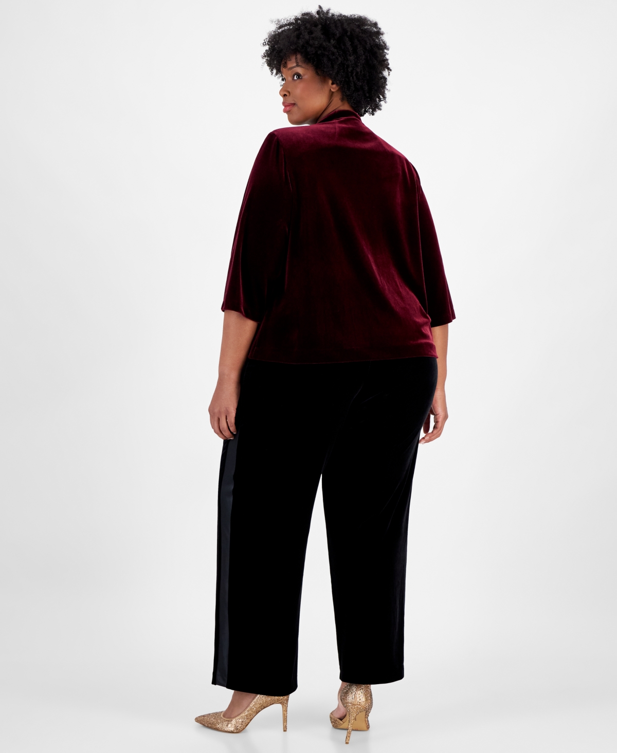 ALEX EVENINGS PLUS SIZE VELVET BEADED-BUTTON 3/4-SLEEVE TOP 