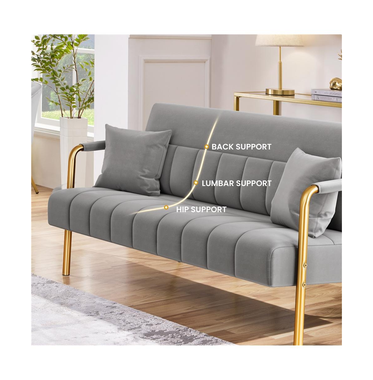 Yaheetech 56.5 W Upholstered Sofa Couch with Gold-tone Metal Arms and Legs