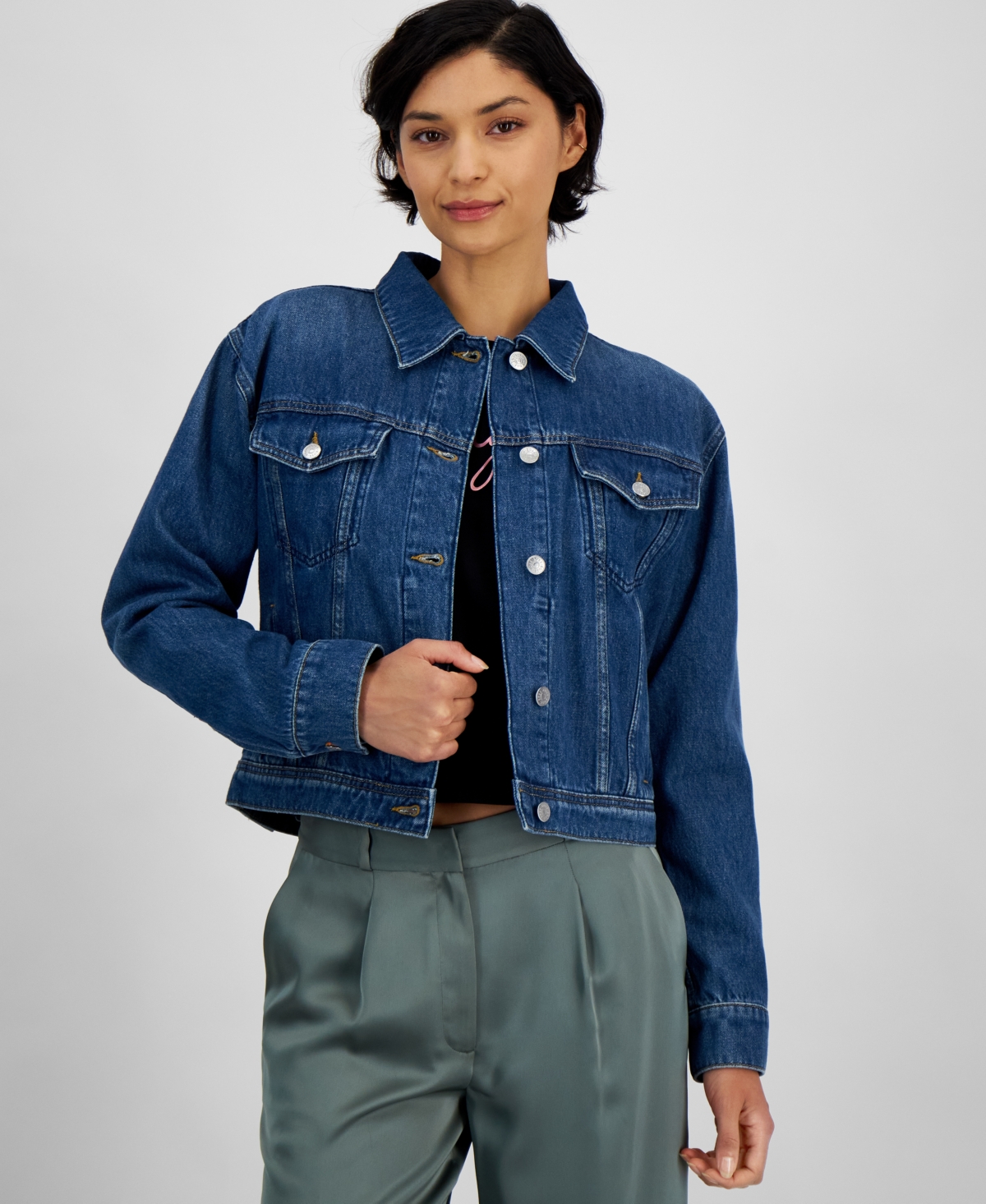 Women's Cropped Cotton Denim Jacket - Navy