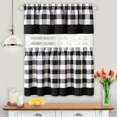 Modern Country Farmhouse 3 Piece Plaid Checkered Cafe Kitchen Curtain Tier & Valance Set