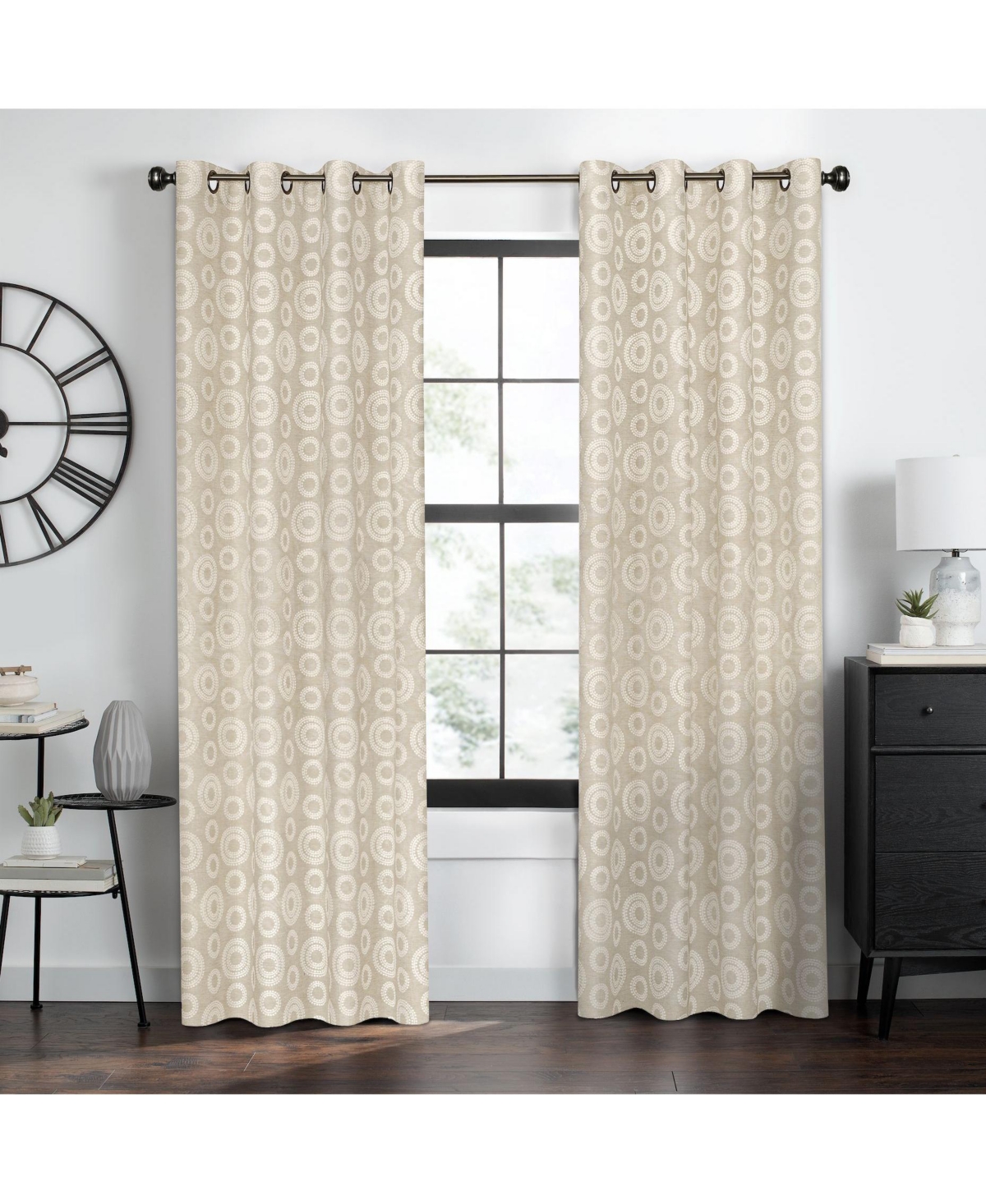Contemporary Woven Jacquard Modular Circles Grommet Top Single Window Curtain Panel - 84 in. Long - Tan - Tan