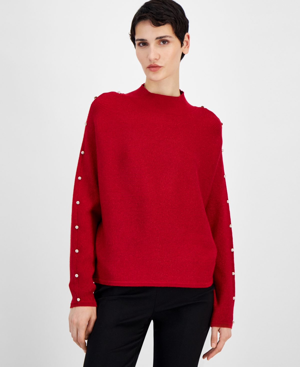 T Tahari Women's Metallic Embellished Ribbed Mock-neck Sweater In Baked Cherry Lurex