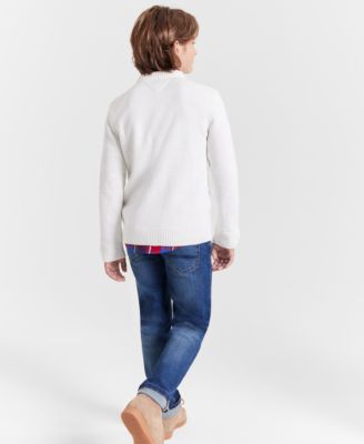 Tommy Hilfiger Big Boys Flag Crewneck Sweater Plaid Shirt Stretch Jeans In Niagara Blue