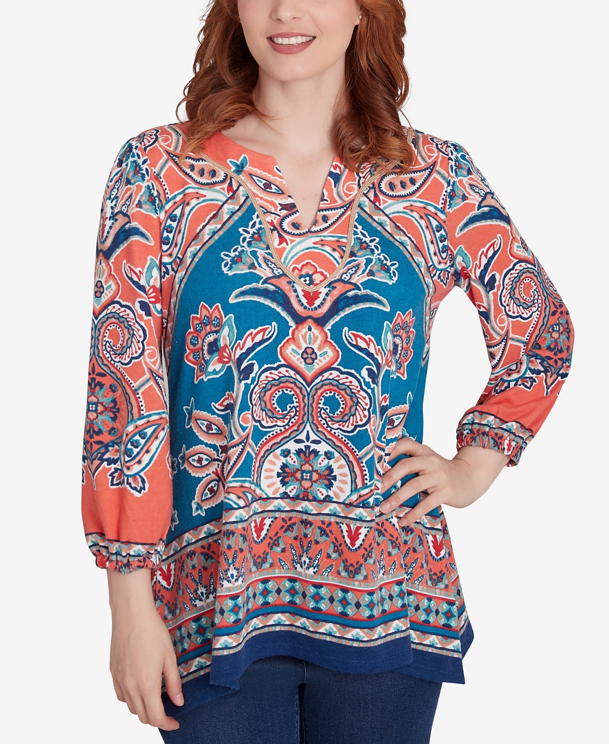 RUBY RD. PETITE EMBELLISHED SPLIT NECK BAROQUE MOTIF PRINTED HATCHI KNIT TOP WITH BALLOON SLEEVES 