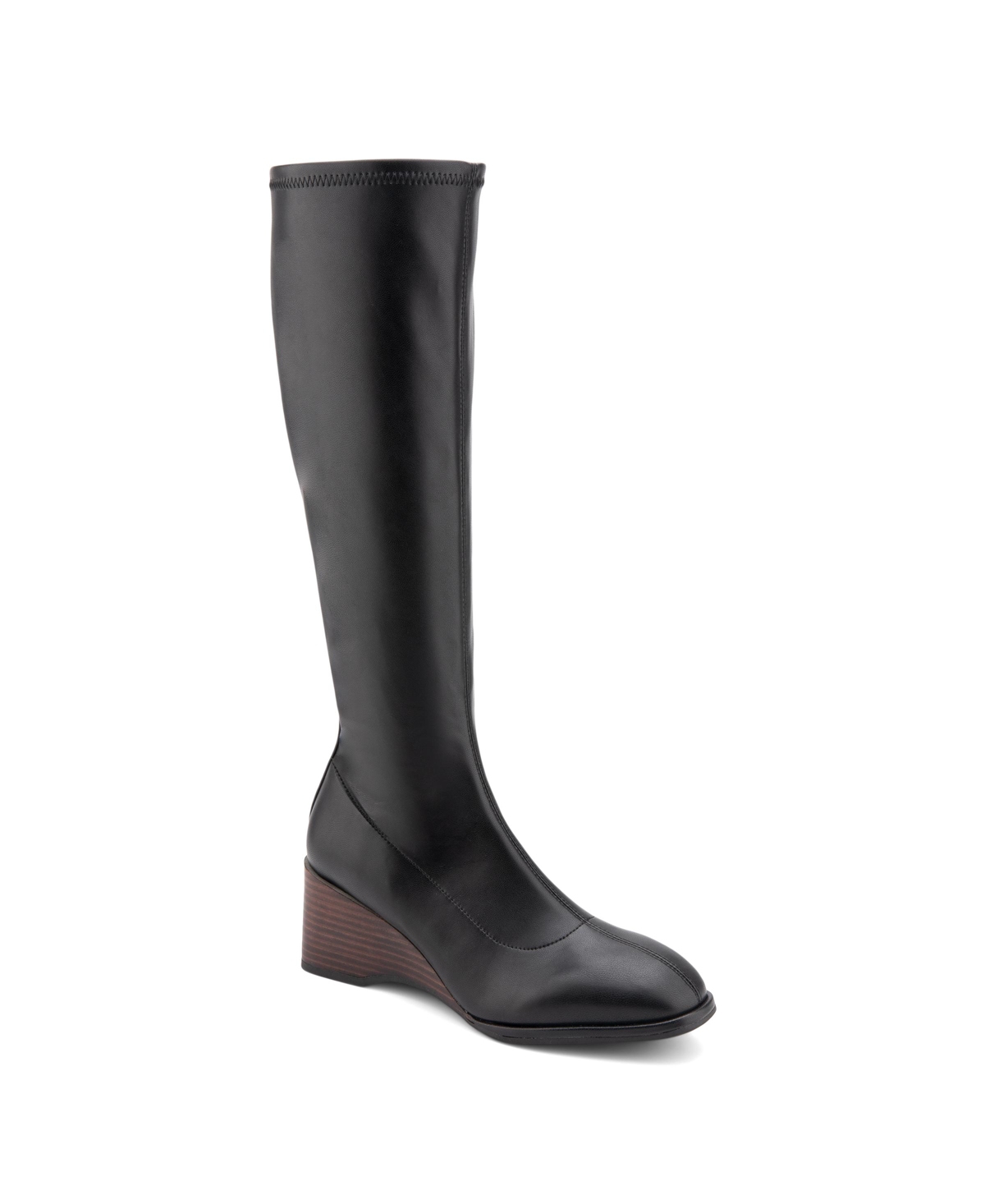 Shop Aerosoles Women's Angela Tall Wedge Boots In Black Stretch Smooth Faux Leather
