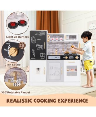 Play Kitchen Toy Set w/ Chalkboard Oven Sink Curtain Microwave Water Dispenser