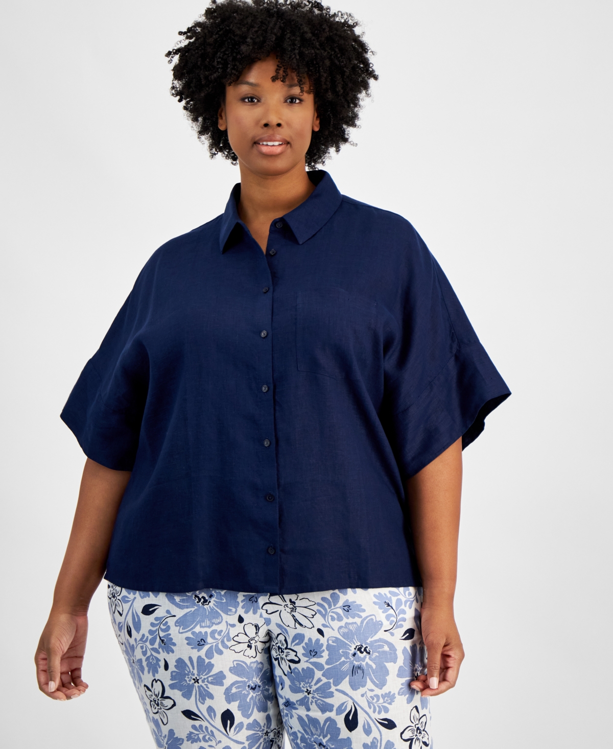 Charter Club Plus Size Linen Crocheted Inset Shirt Created for Macy s Intrepid Blue Smart Closet