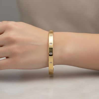 Modern 14K Gold Plated Bezel Set Clear CZ Bangle Bracelet