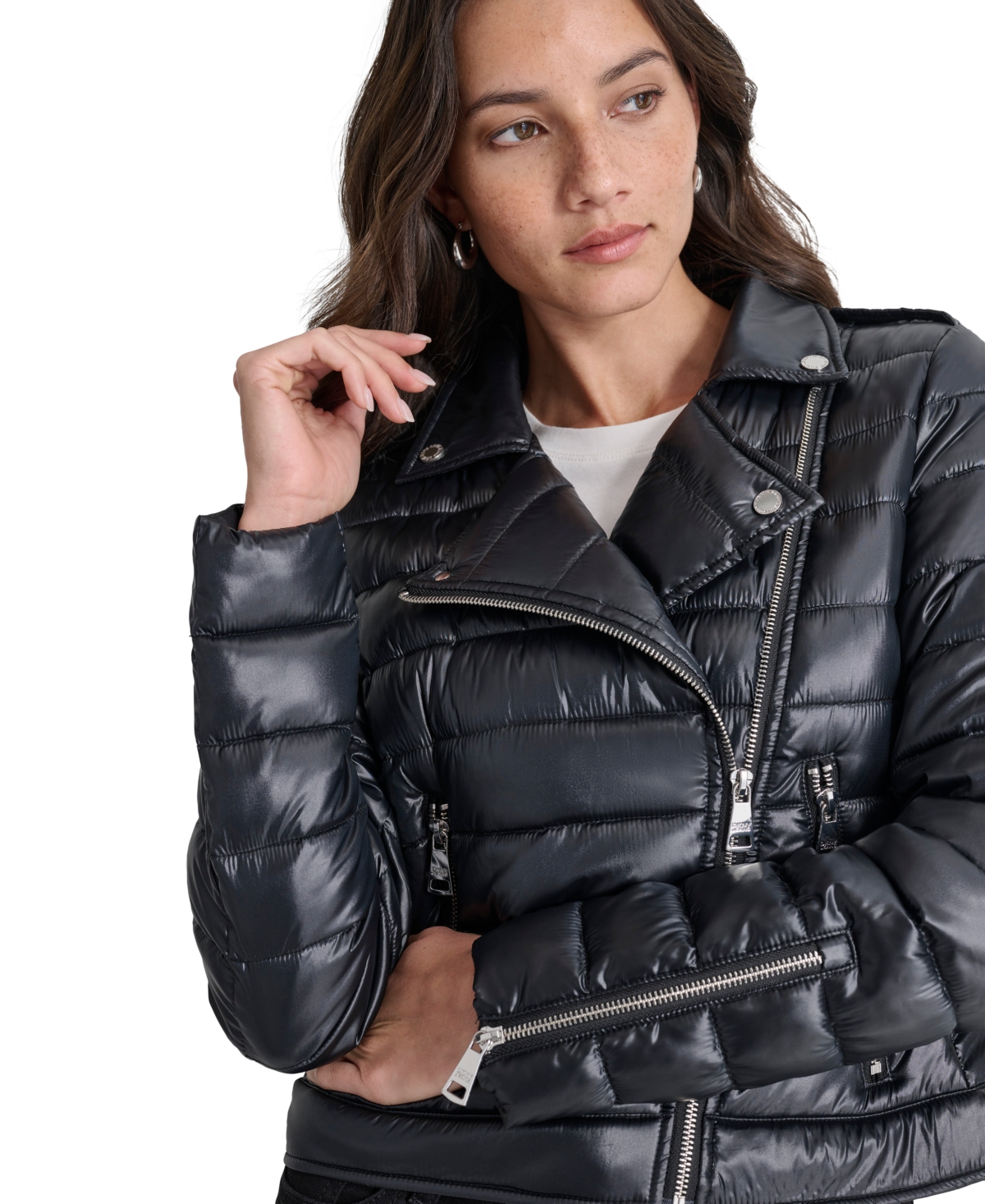 Dkny Jeans Women's Lightweight Zip-front Puffer Jacket In Metlc Blk