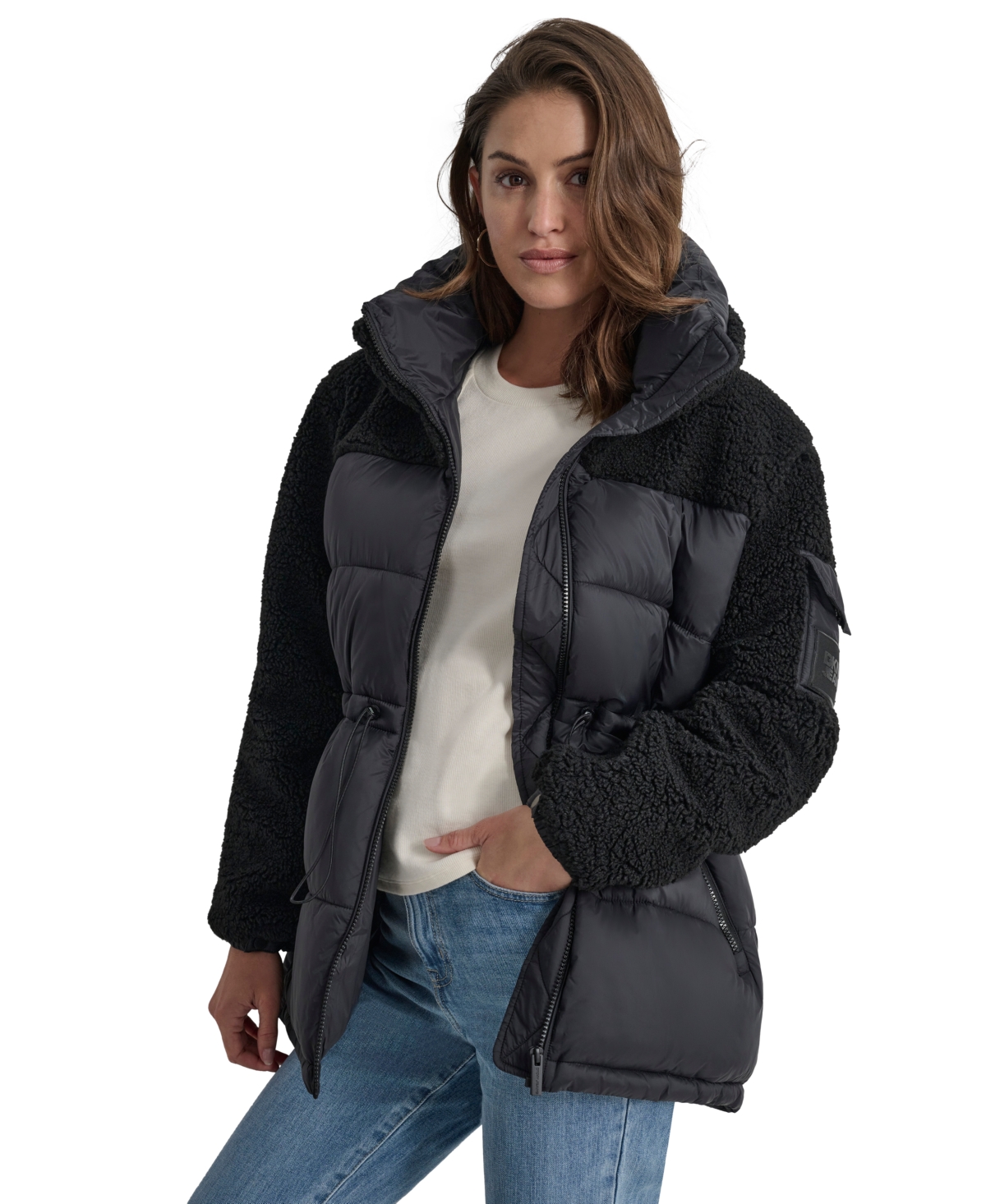 Dkny Jeans Women's Faux-Sherpa Puffer Mixed Coat - BLK - BLACK
