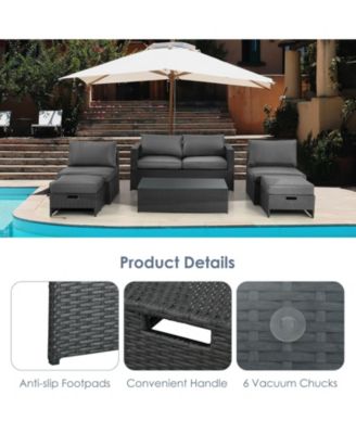 6 Pieces Patio Rattan Furniture Set with Glass Table and Cushioned Seat