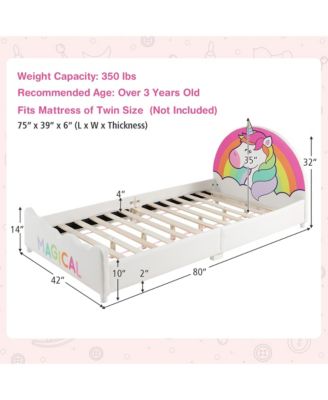 Kids Upholstered Platform Bed Children Twin Size Wooden Bed Unicorn Pattern