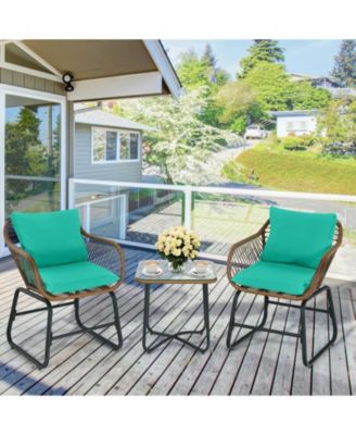 3 Pieces Patio Rattan Bistro Set with Cushions and Glass Table