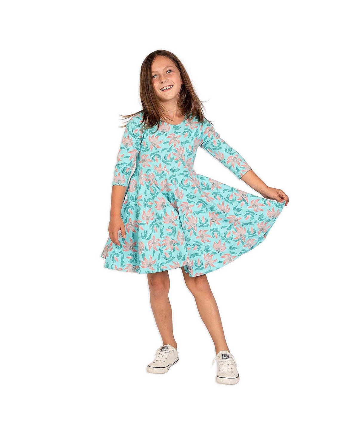 Mightly Girls Fair Trade Organic Cotton Print 3/4 Sleeve Twirl Dress - Small (6/7),- Tiger lily