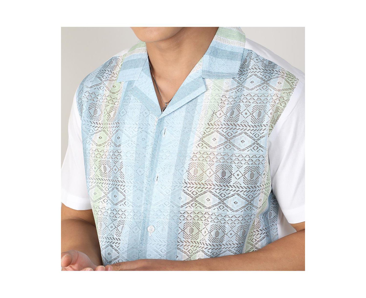 Men's Light Blue & Pale Yellow Fish Eye Ethnic Shirt