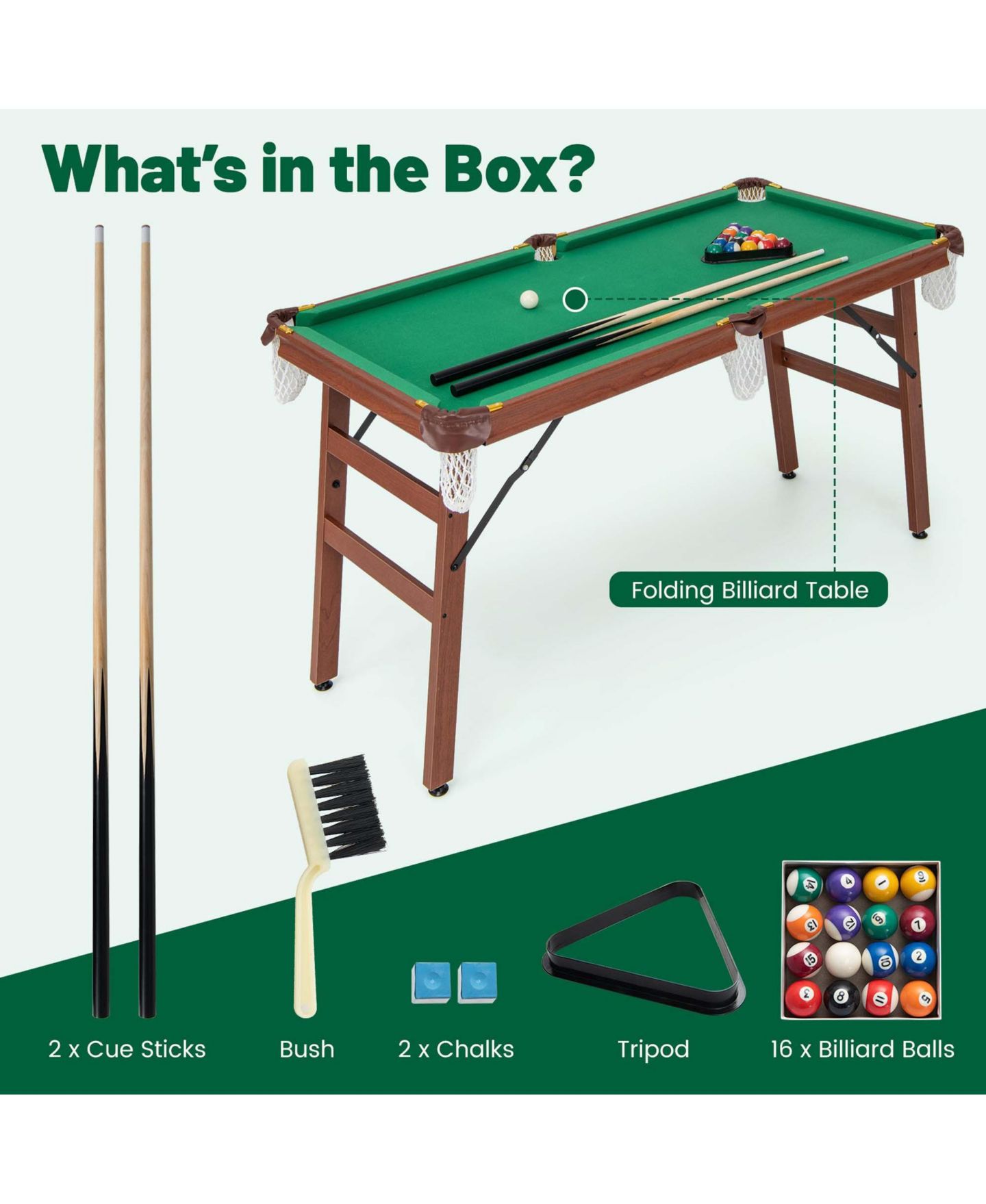 Детские игрушки Costway Folding Pool Table Set with Foldable Legs Adjustable Foot Levelers 2, цвет: Зелёный — фото 5