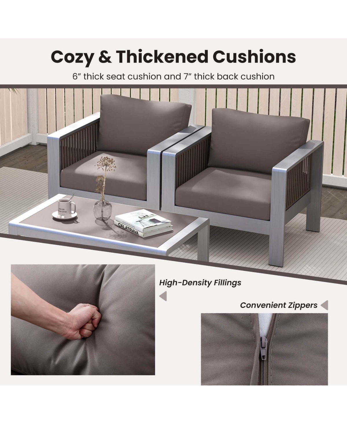 Costway 2 Pcs Aluminum Single Sofa Outdoor Furniture Set with Thick Back & Seat Cushions