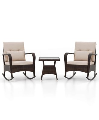 3 PCS Rocking Bistro Set with Removable Cushions & Tempered Glass Top Coffee Table