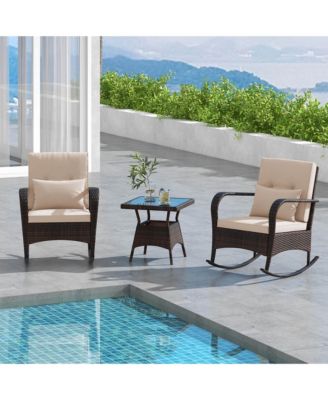 3 PCS Rocking Bistro Set with Removable Cushions & Tempered Glass Top Coffee Table
