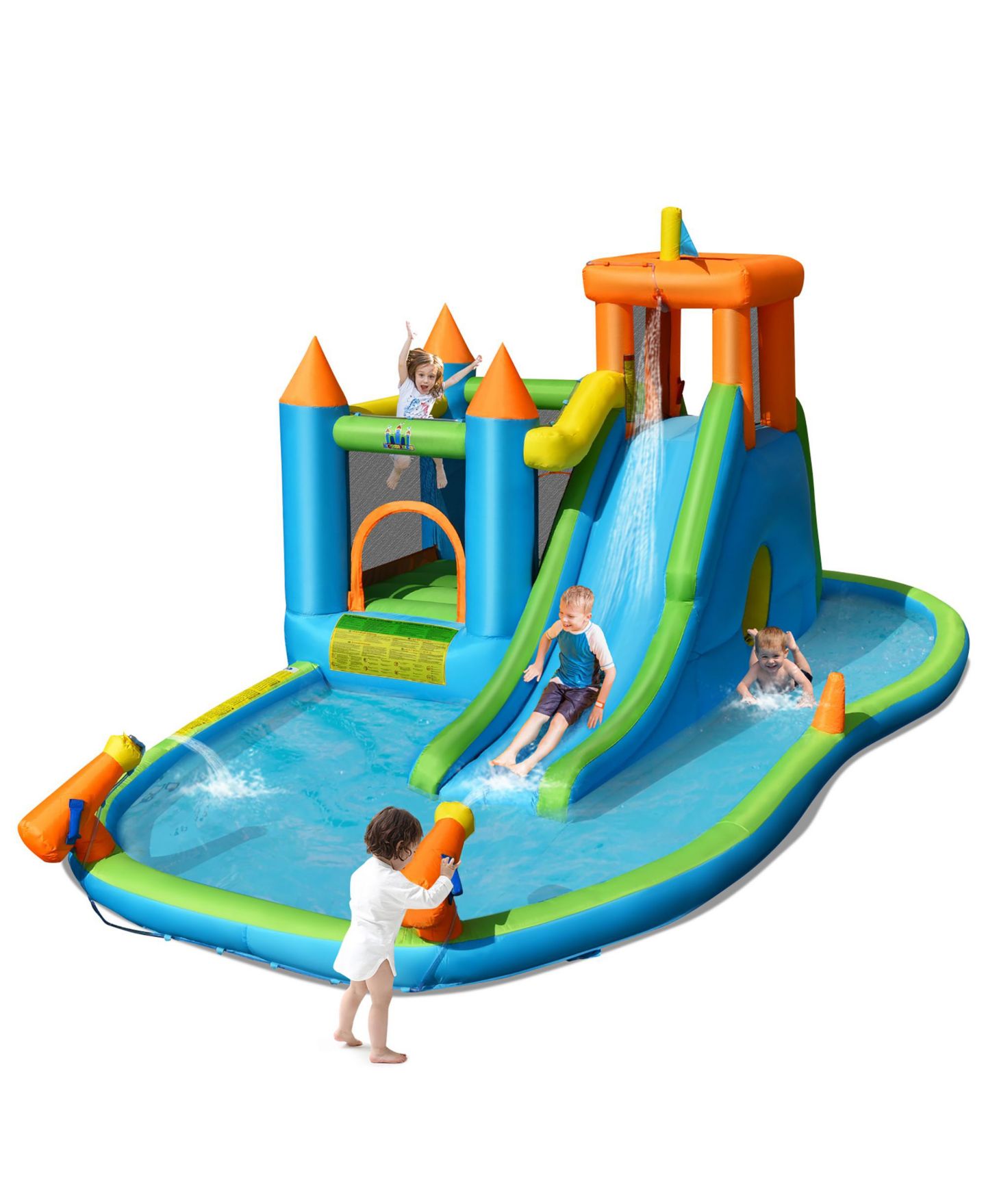 Детская игрушка Costway Inflatable Water Slide Bounce House with Splash Pool, 6-Player, 3–10 лет, цвет: Синий — фото 1