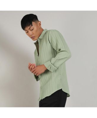 Men's Pistachio Green Self-Design Striped Shirt