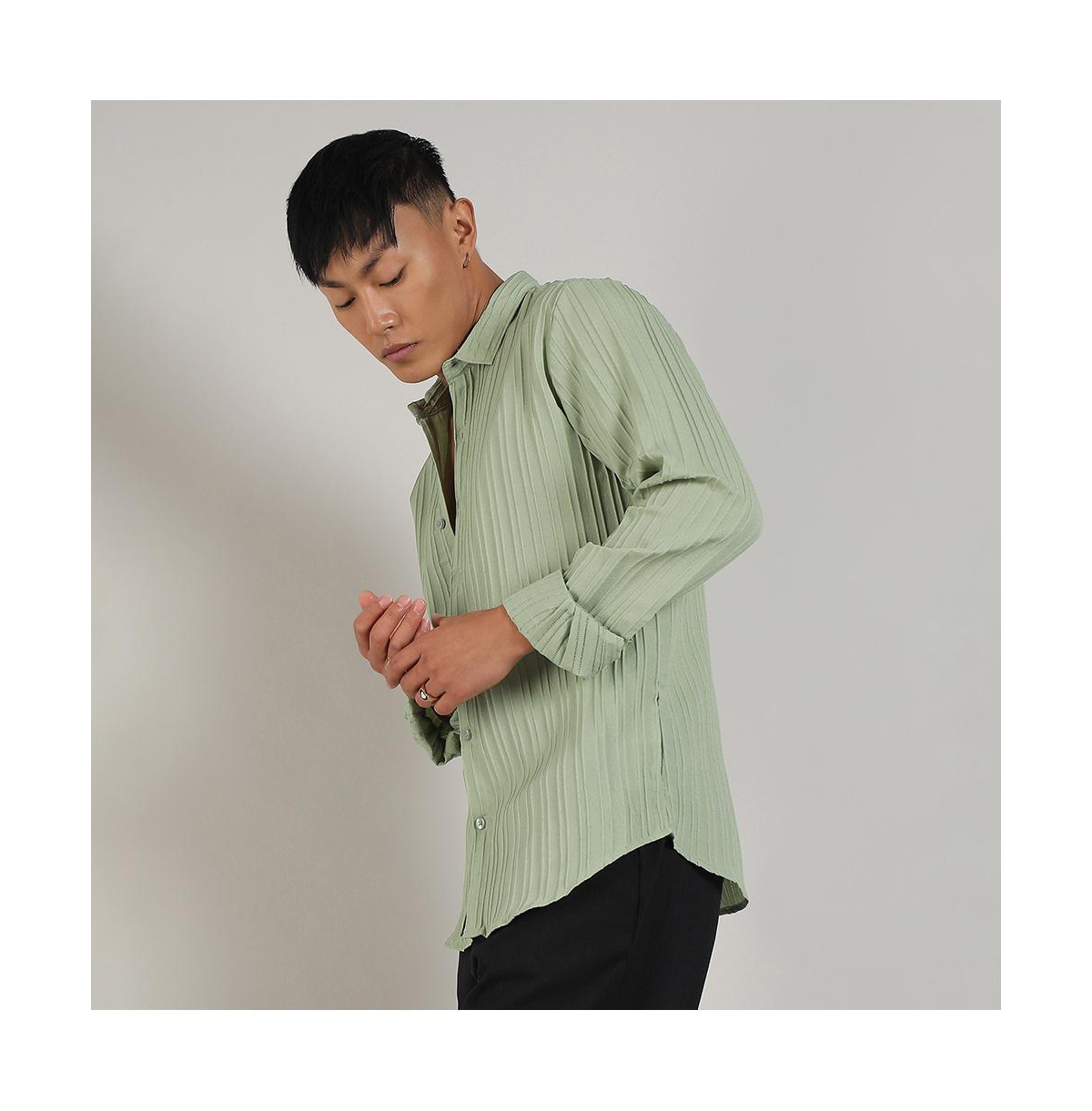 Campus Sutra Men's PistachioSelf-Design Striped Shirt - Green
