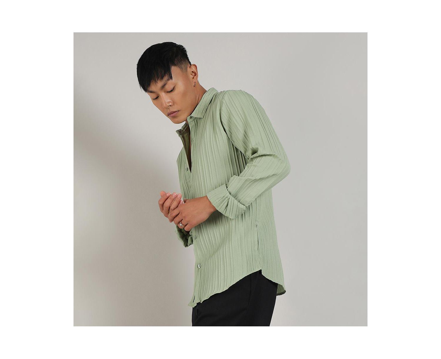Men's Pistachio Green Self-Design Striped Shirt