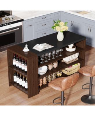 55" Kitchen Island Table, Farmhouse 5-Tier Wood Coffee Bar Cabinet with Storage Shelves and Large Countertop for Kitchen or Dining Room